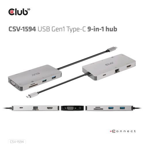 CLUB3D CSV-1594 HUB/DOCKING STATION USB-C 9 IN 1- 1 x HDMI 4K - 1 x VGA - 2 x USB-A - -1 x USB-C - 1 x RJ-45 LAN - 1 x JACK 3.5mm - 1 x SD/MICRO SD 3.0